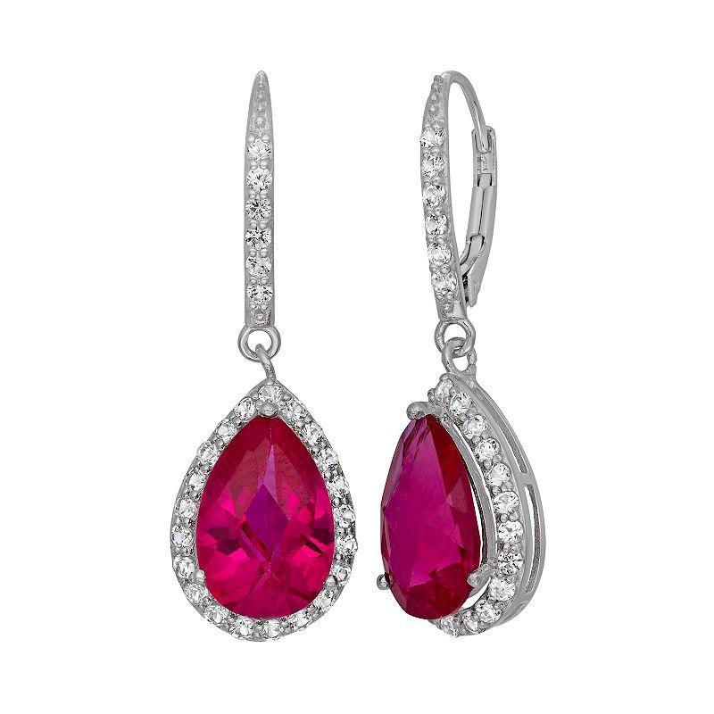 Lab-Created Ruby and Lab-Created White Sapphire Sterling Silver Halo Teardrop Earrings, Womens, Red Product Image