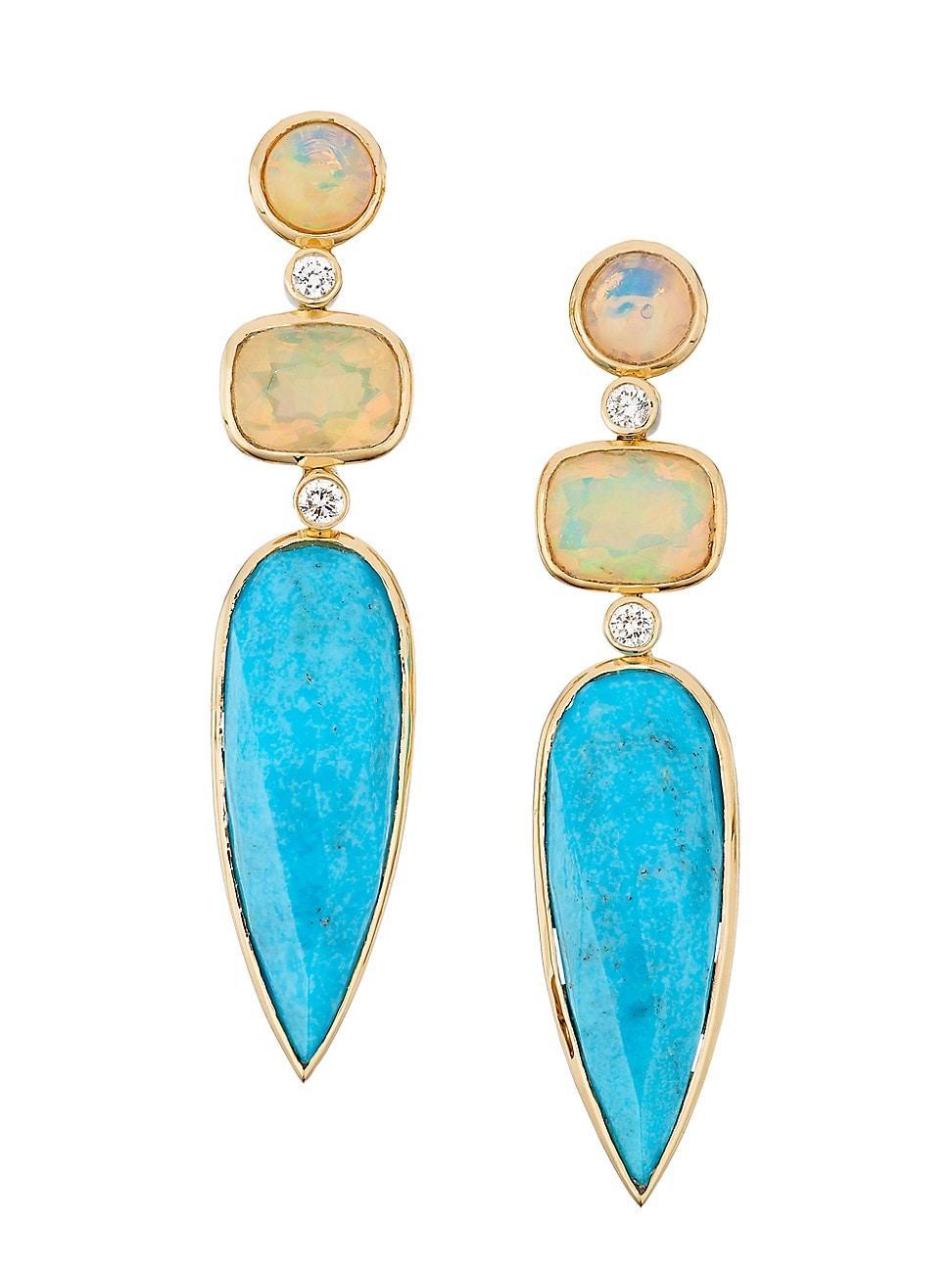 Womens Luxury 18K Gold, Diamond, Opal & Turquoise Drop Earrings Product Image