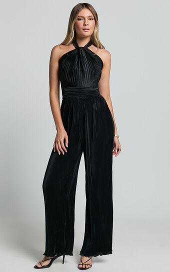 Paris Jumpsuit - Plisse Halter Neck Wide Leg Jumpsuit in Black Product Image