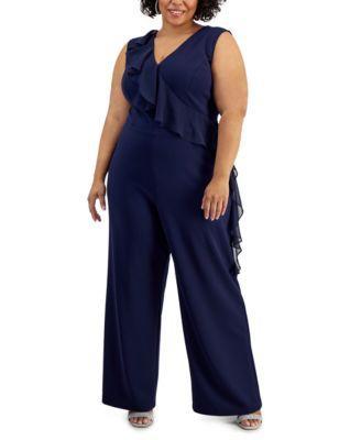 Plus Size V-Neck Sleeveless Ruffle-Trim Jumpsuit  Product Image