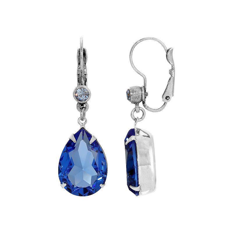 1928 Silver Tone Blue Glass Teardrop Leverback Earrings, Womens Product Image