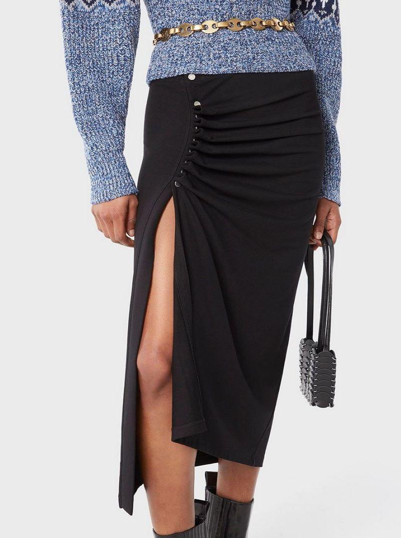 BLACK drapé pression MID-LENGTH SLIT SKIRT Product Image