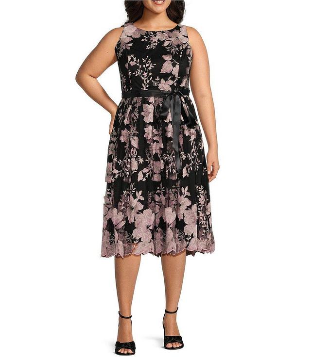 Alex Evenings Plus Size Sleeveless Crew Neck Tie Waist Floral Embroidered Tulle Midi Dress Product Image