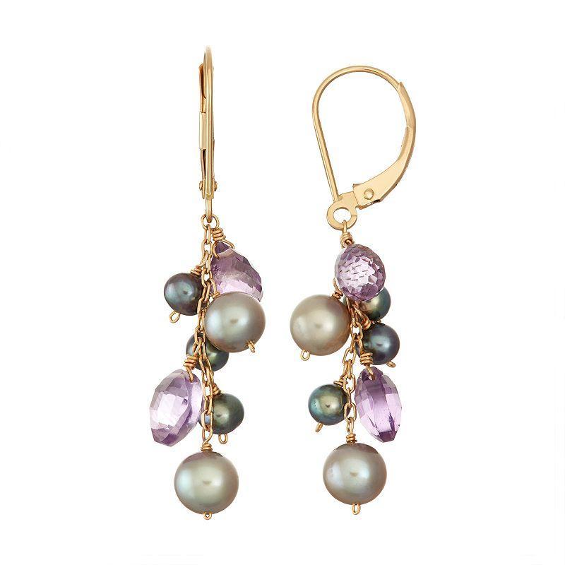 14k Gold Amethyst & Dyed Freshwater Cultured Pearl Cluster Drop Earrings, Womens, Multicolor Product Image