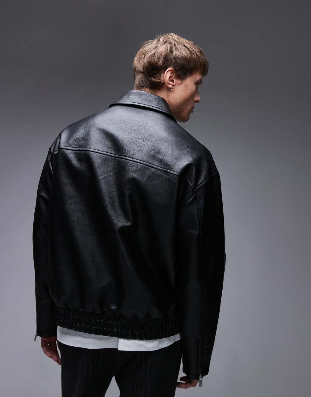 Topman faux leather bomber jacket in black Product Image