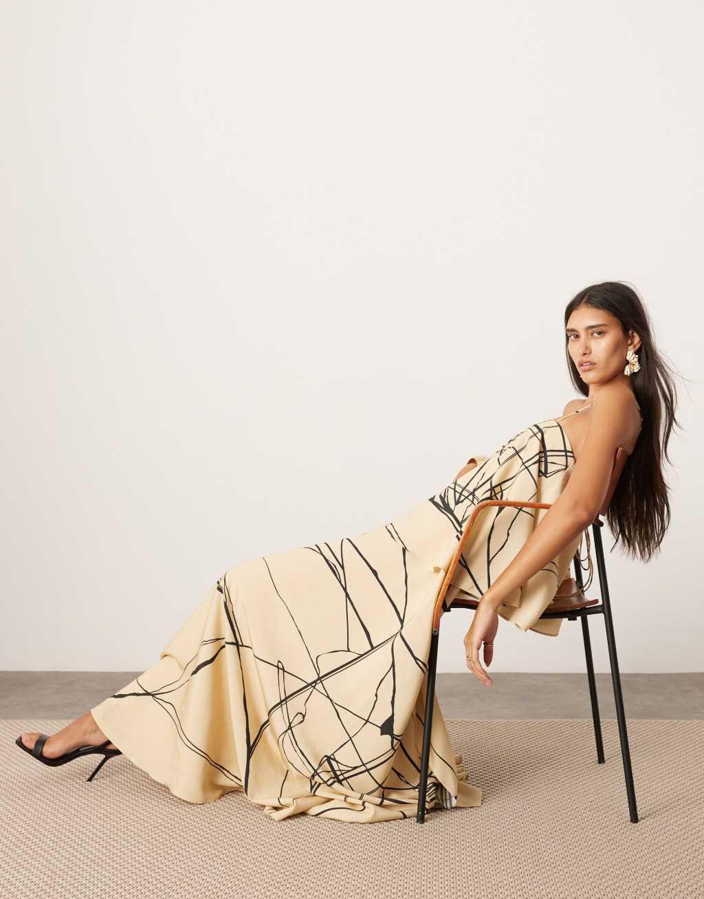 ASOS EDITION strappy square neck maxi dress with pockets and dramatic drape detail in mono abstract print Product Image