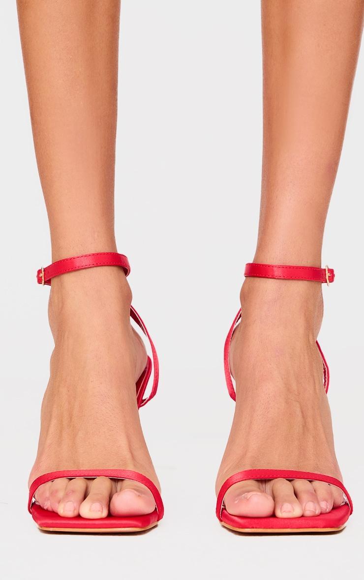 Red Satin Square Toe Barely There Mid Heeled Sandals Product Image