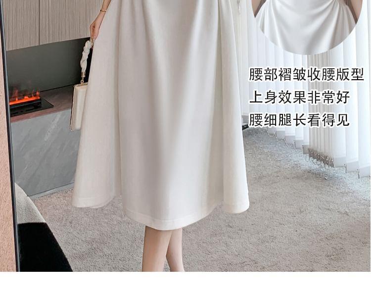 Short-Sleeve Square Neck Plain Ruched Open Back Midi A-Line Dress Product Image