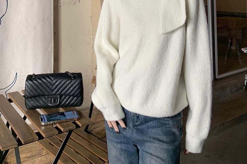 Long Sleeve Tie-Shoulder Plain Ribbed-Knit Loose-Fit Sweater Product Image