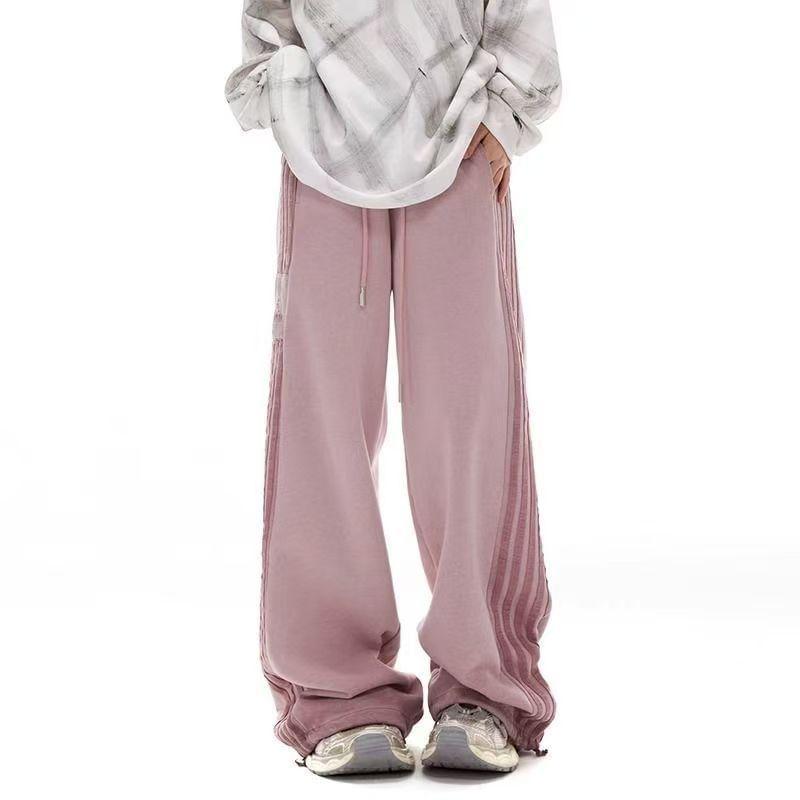 Drawstring Waist Striped Wide Leg Sweatpants Product Image