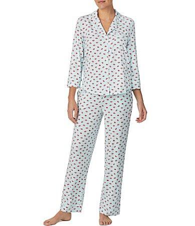 kate spade new york Brushed Cozy Jersey Lip Print 34 Sleeve Notch Collar Full Length Pajama Set Product Image