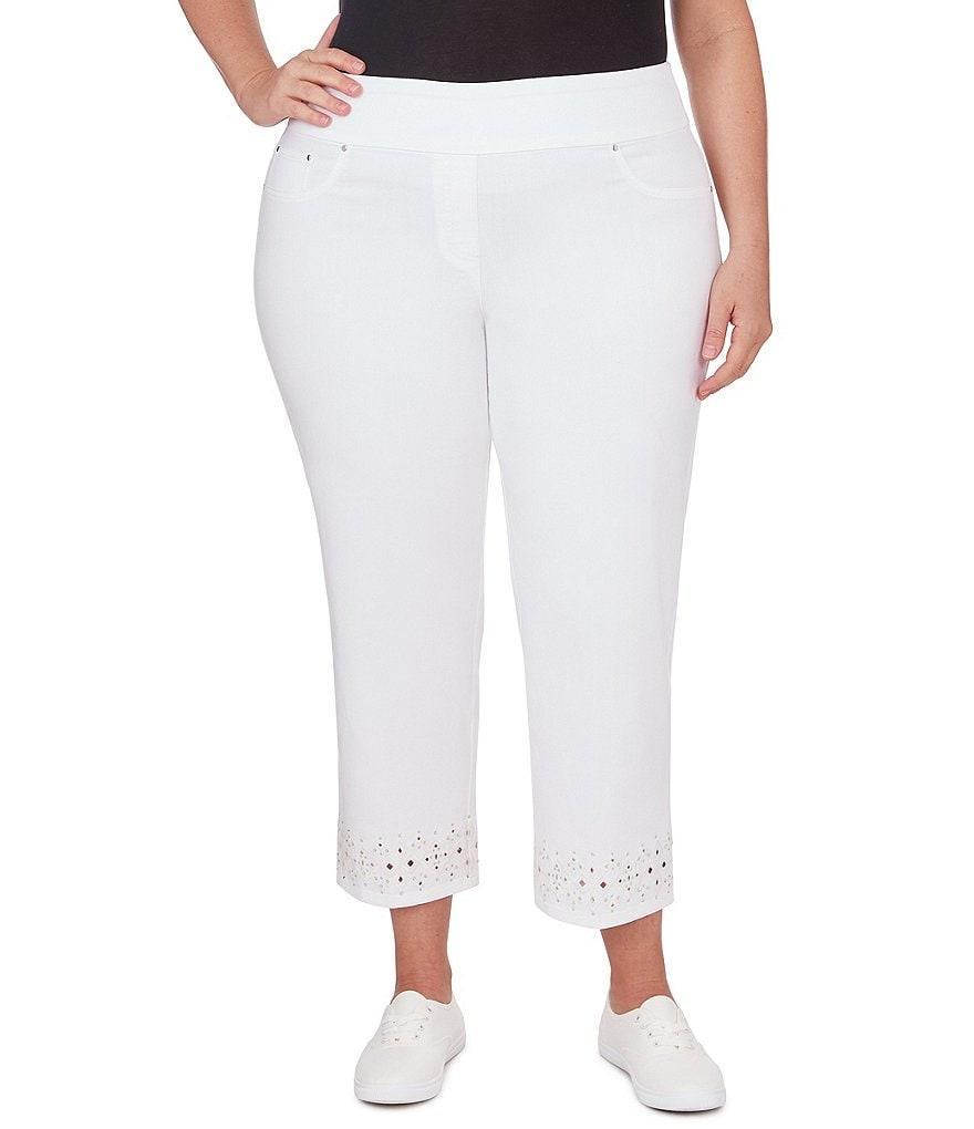 Ruby Rd. Plus Size Stretch Denim Embroidered Eyelet Hem Pull-On Ankle Jeans Product Image