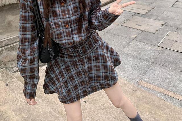 Long-Sleeve Collared Plaid Ruched Layered Half-Buttoned Mini A-Line Dress Product Image