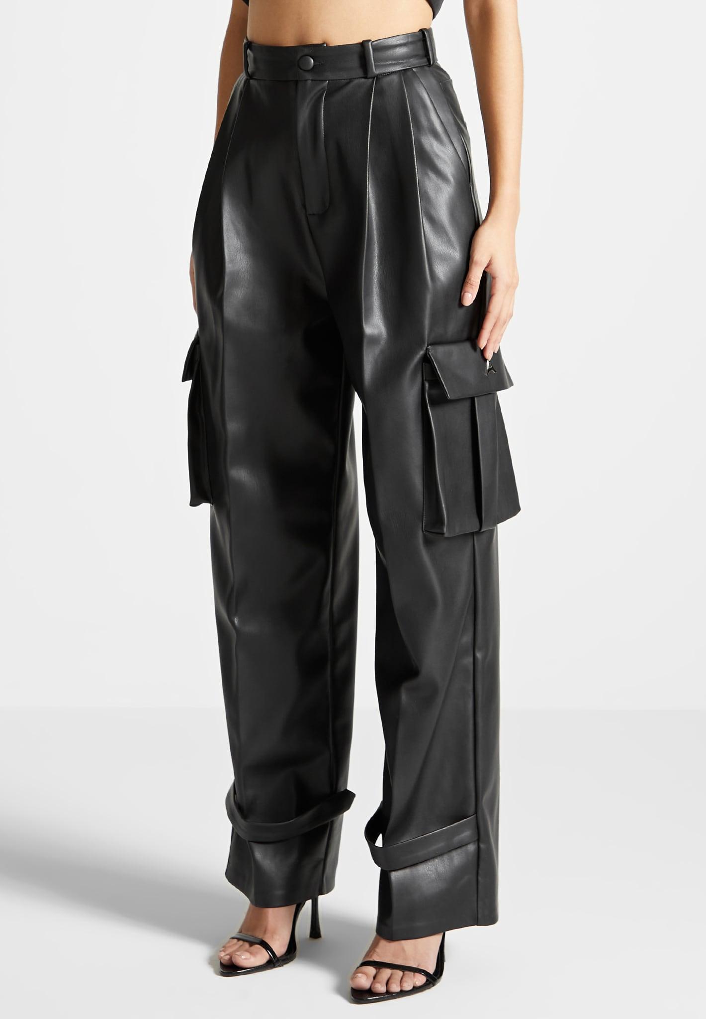 Vegan Leather Pleated Cargo Trousers - Black Female Product Image