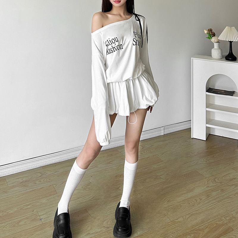 Long-Sleeve Off-Shoulder Lettering Print Striped Trim Drawstring Waist Mini A-Line Dress Product Image