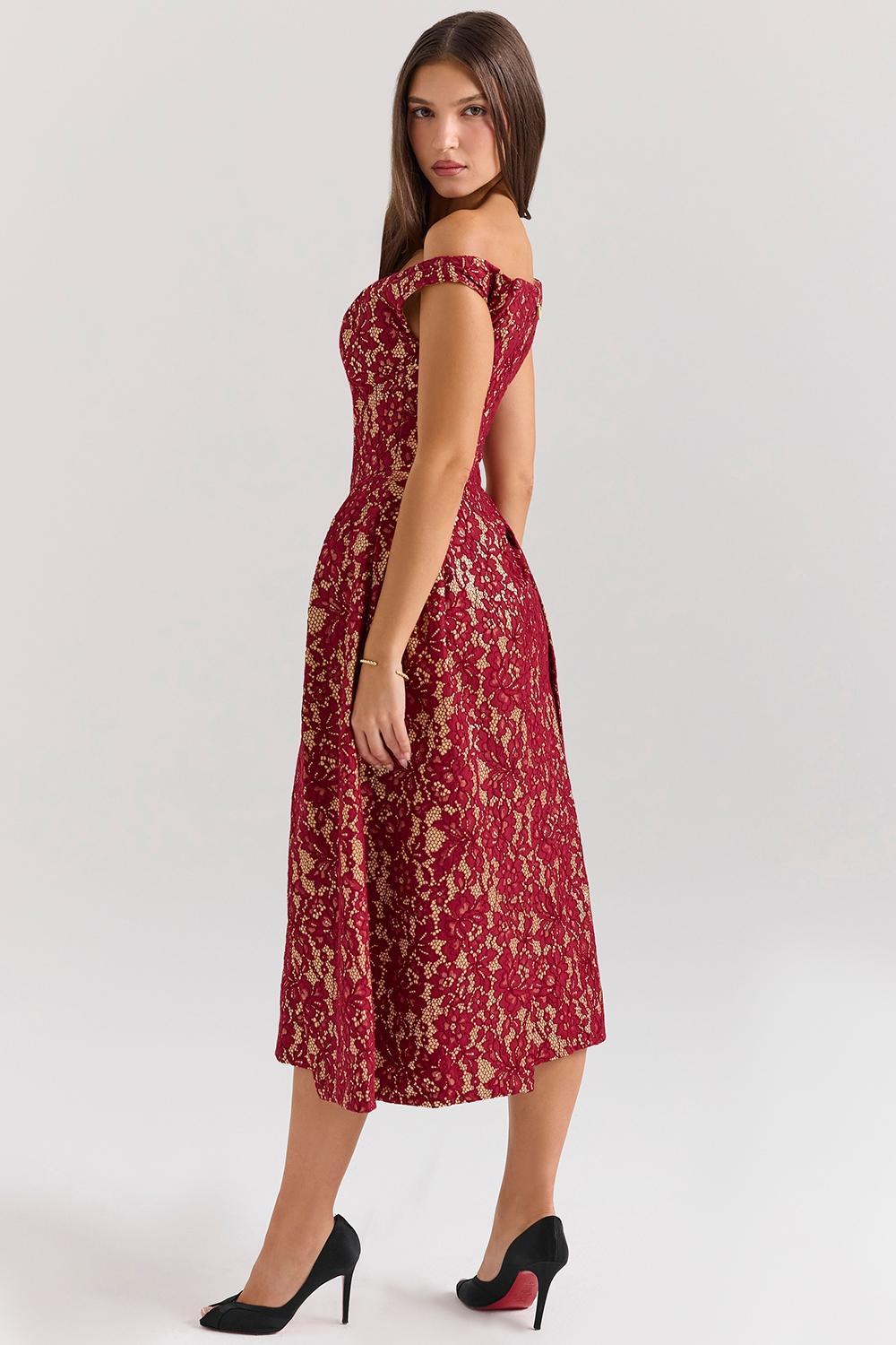 Charming Gold and Berry Lace Midi Off Shoulder Dress Product Image