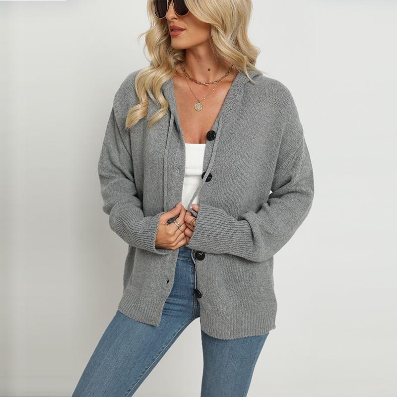 V-Neck Drawstring Hooded Cardigan Product Image