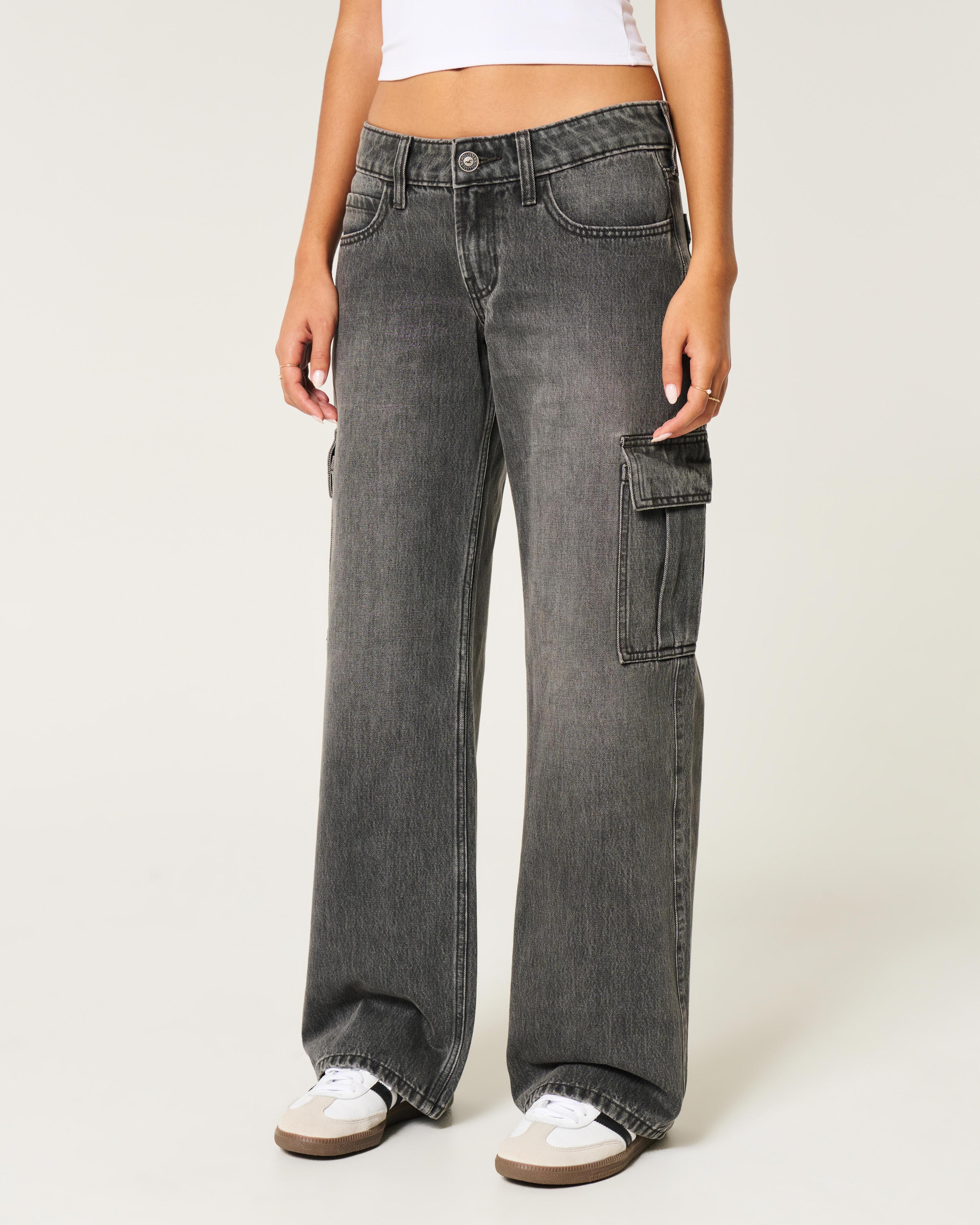 Low-Rise Washed Black Baggy Cargo Jeans Product Image