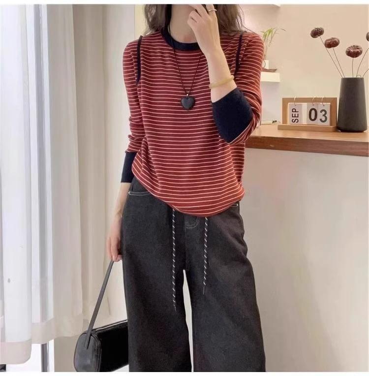 Long-Sleeve Round Neck Striped Contrast Trim Tee Product Image