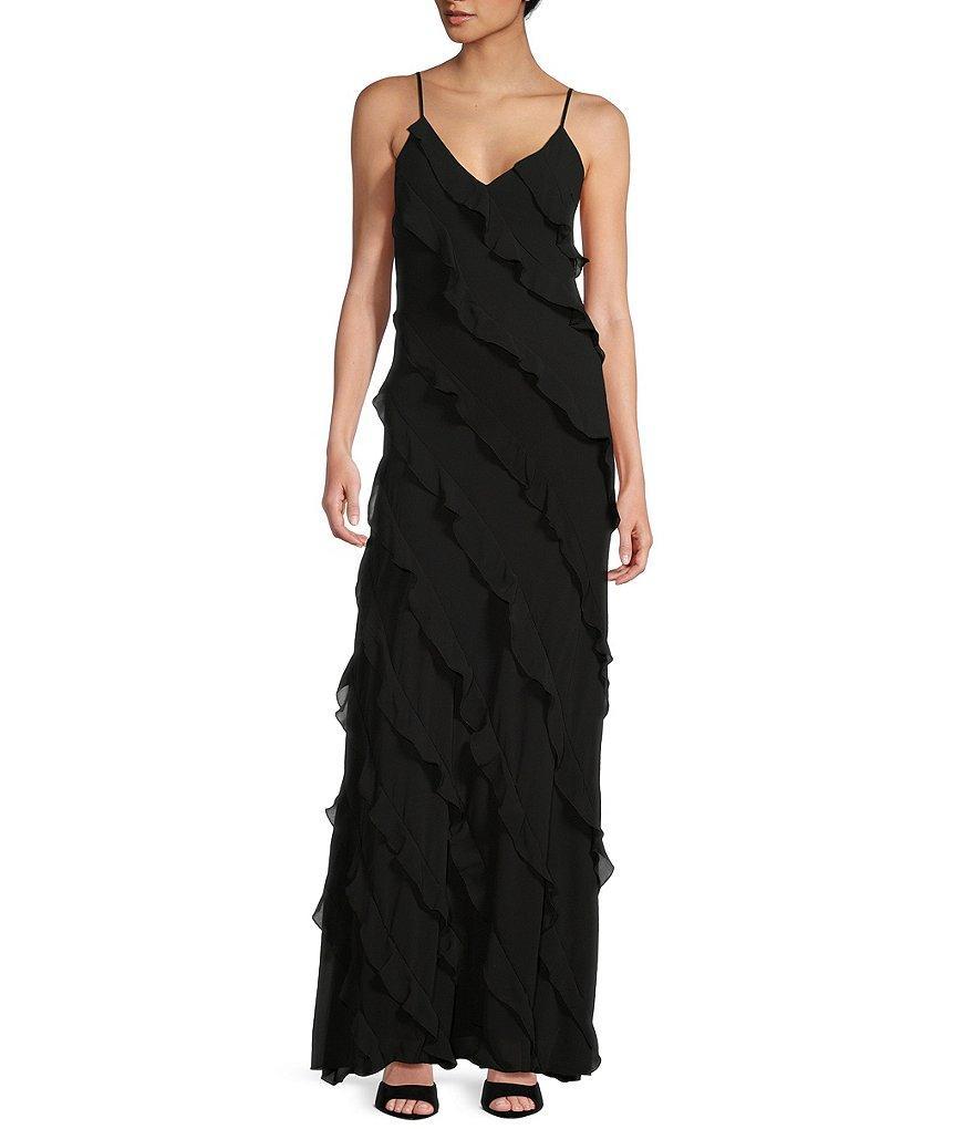 B. Darlin All Over Ruffle Trim V-Neck Spaghetti Strap Long Dress Product Image