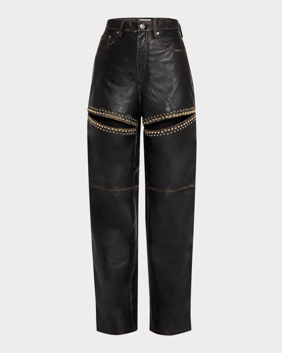 Studded Slit Leather Straight-Leg Jeans Product Image