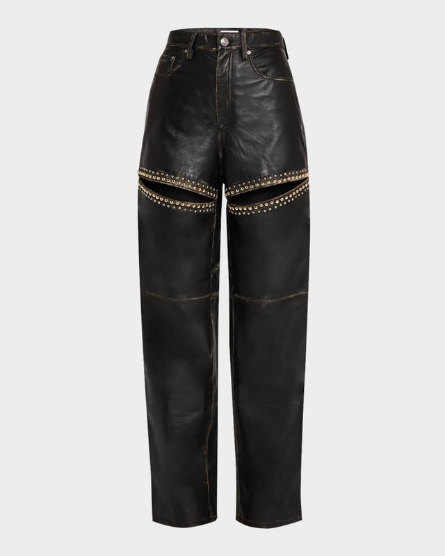 Studded Slit Leather Straight-Leg Jeans Product Image