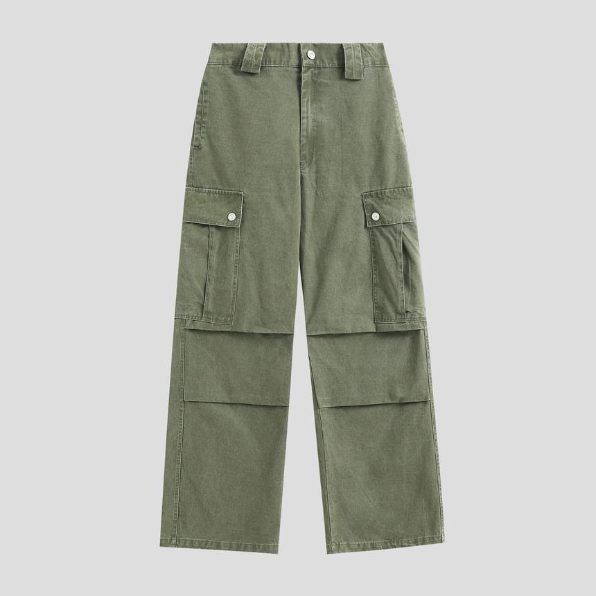 High Waist Plain Wide Leg Cargo Pants Product Image