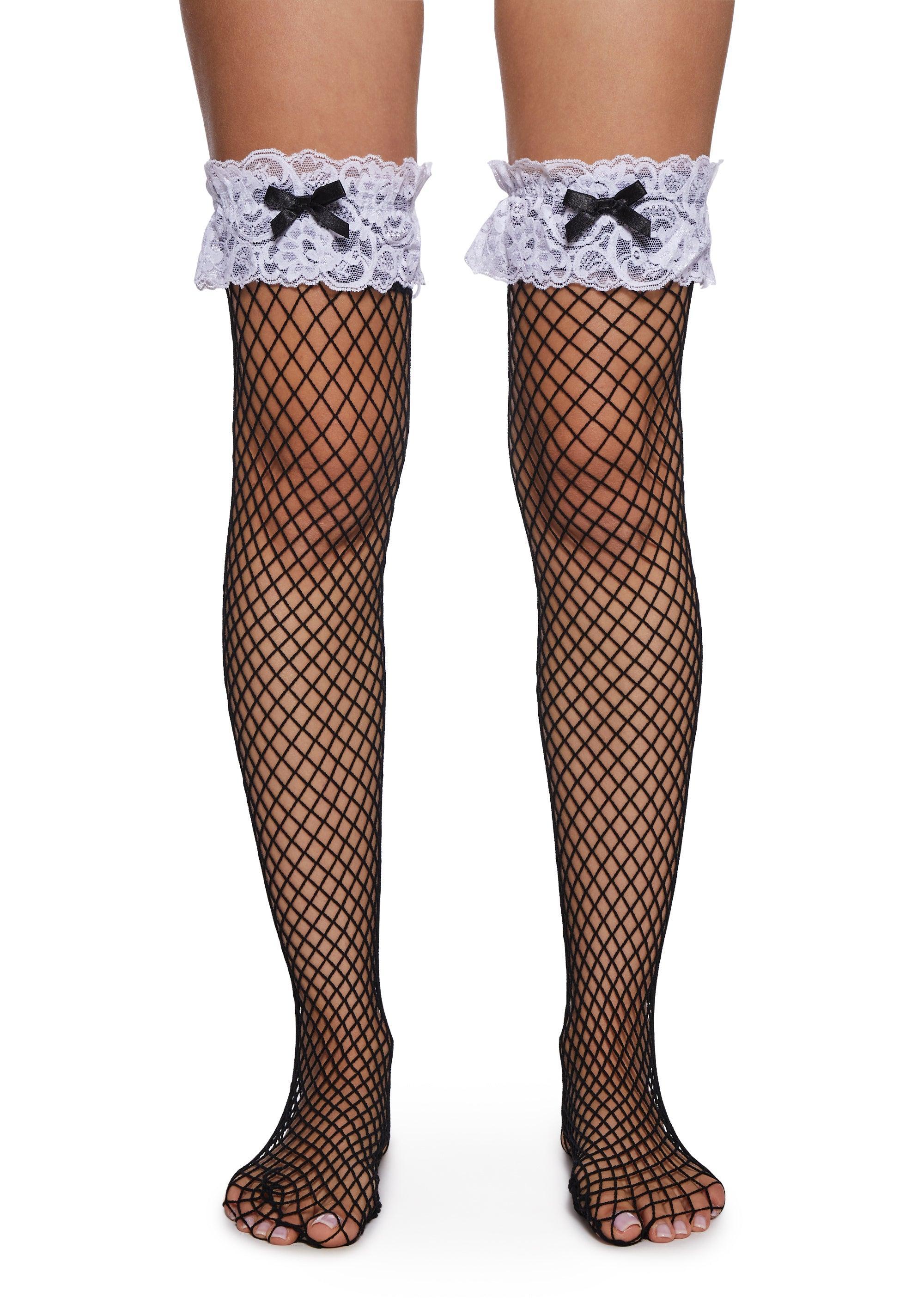 Stretchy Fishnet Ruffled Lace Bow Thigh High Tights - Black/White Product Image