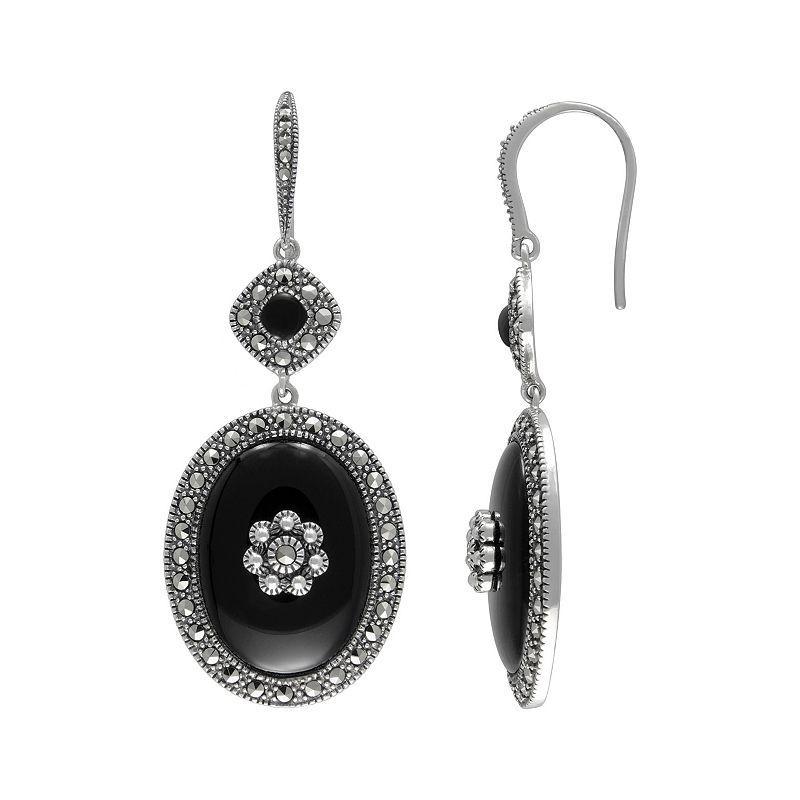 Lavish by TJM Sterling Silver Onyx Flower Halo Drop Earrings, Womens, Black Product Image