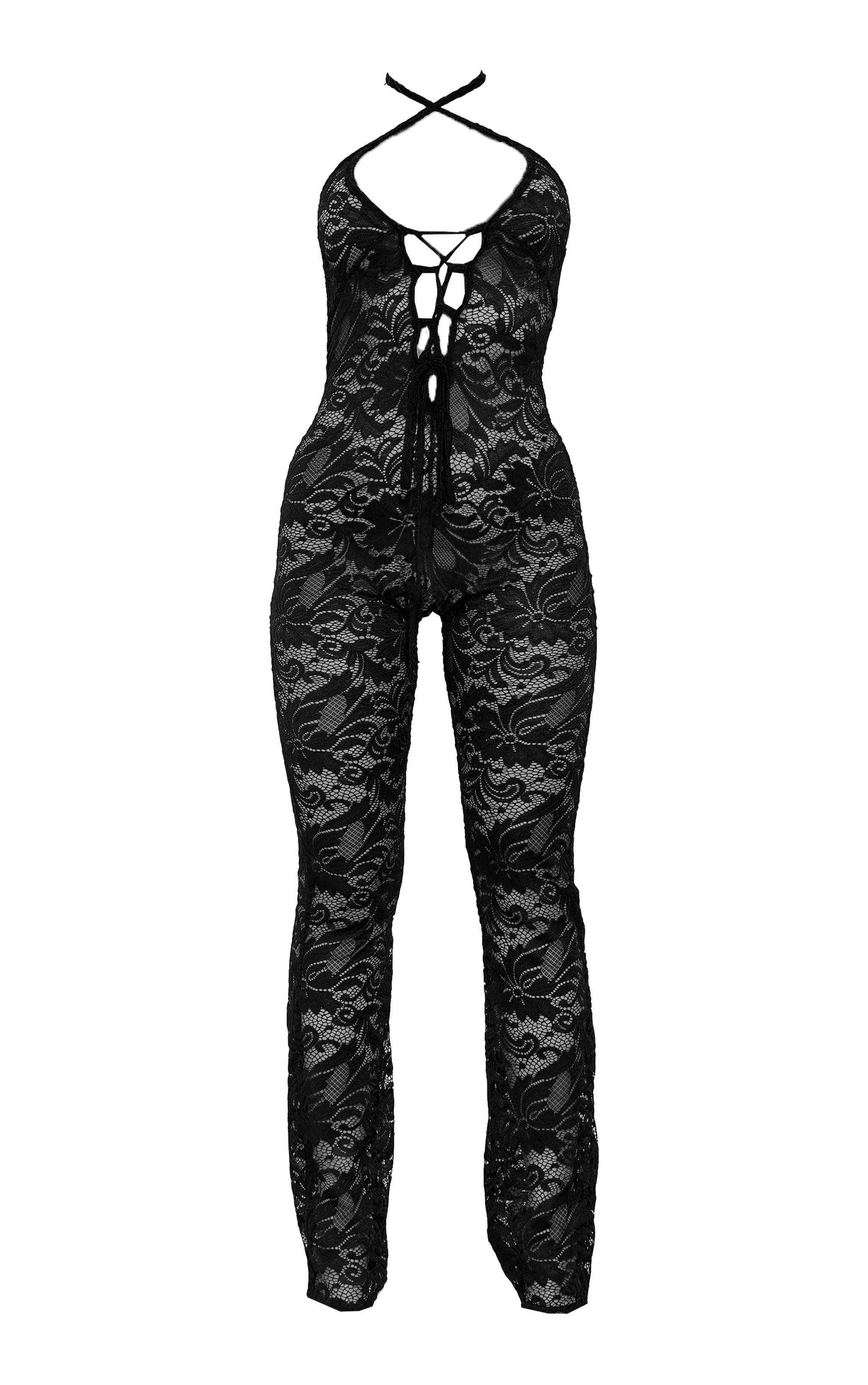 Black Lace Strappy Lace Up Jumpsuit Product Image