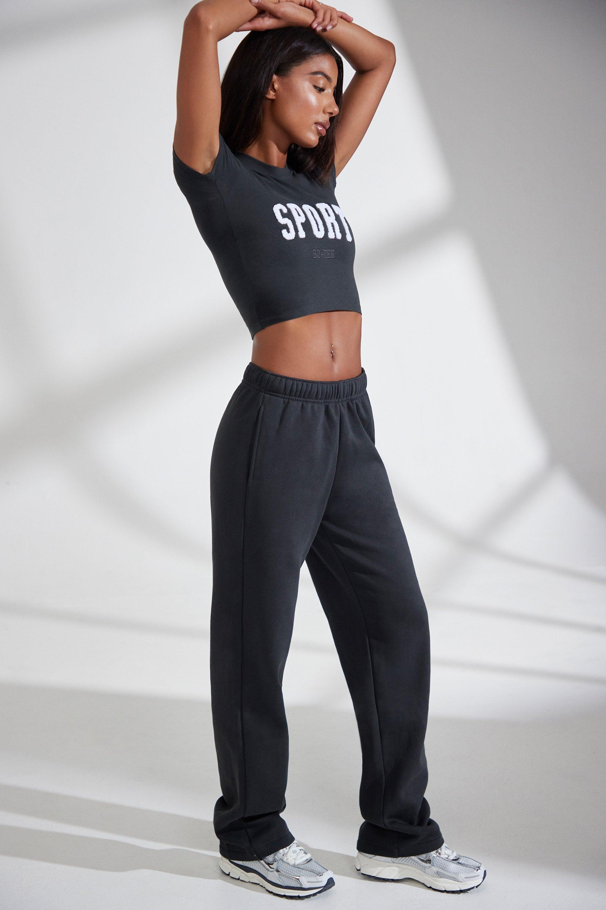 Petite Wide Leg Embroidered Back Joggers in Black Product Image