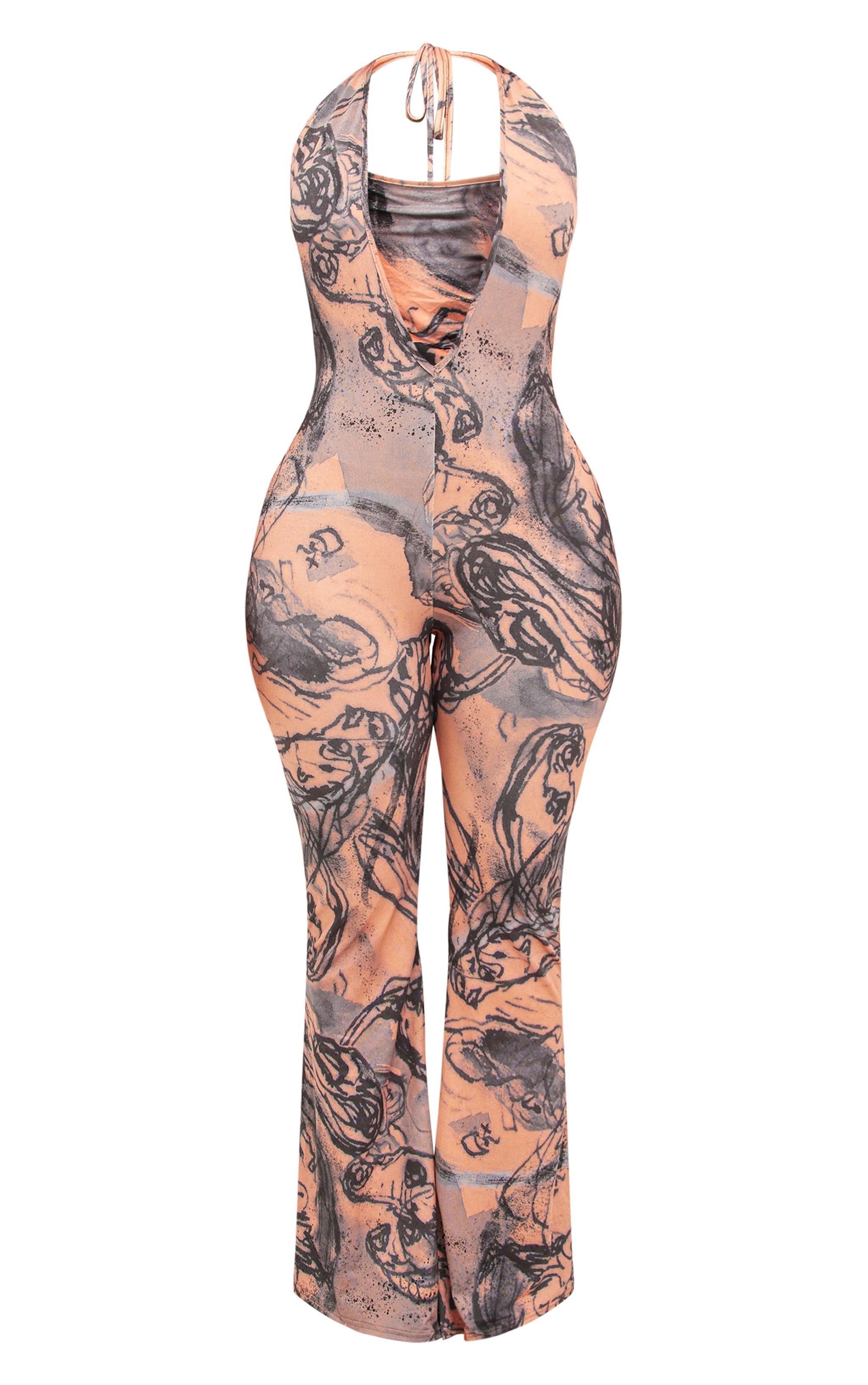 Shape Blue Abstract Printed Slinky Plunge Halterneck Jumpsuit Product Image