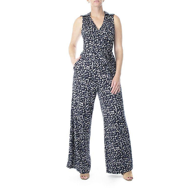 Womens Nina Leonard Print Surplice Wide-Leg Jumpsuit Navy Brown Team product image