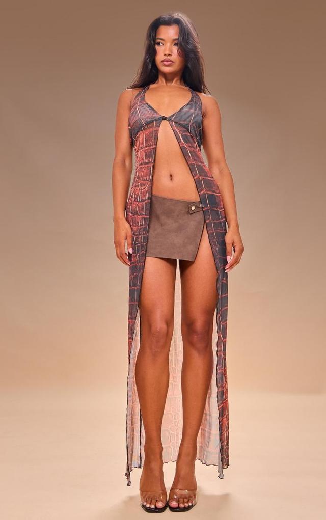 Brown Printed Mesh Halter Split Hem Long Top Product Image