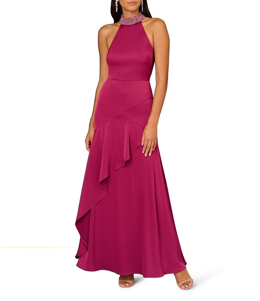 Aidan Mattox Crepe Back Satin Beaded Halter Neck Sleeveless Asymmetrical Ruffle Gown Product Image