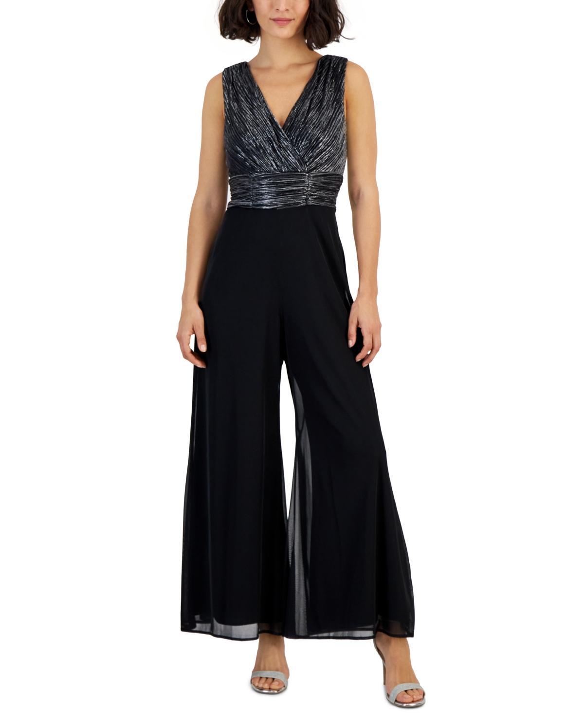 Connected Womens Metallic V-Neck Sleeveless Jumpsuit - Black Product Image