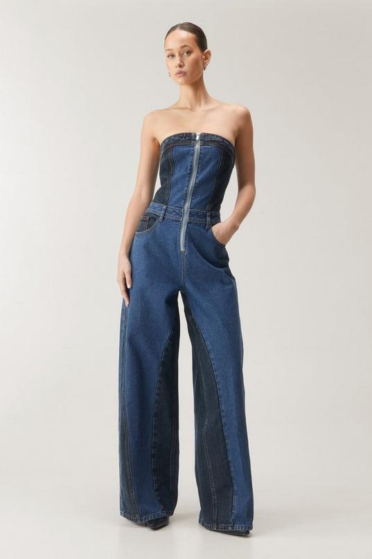 Denim Colorblock Bandeau Jumpsuit Product Image