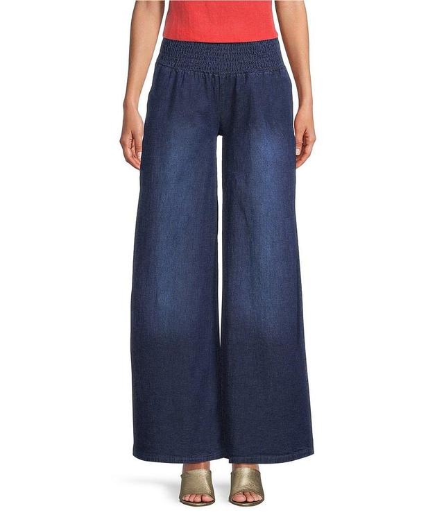 M Made in Italy Smocked Waist Wide Leg Cotton Denim Pants Product Image