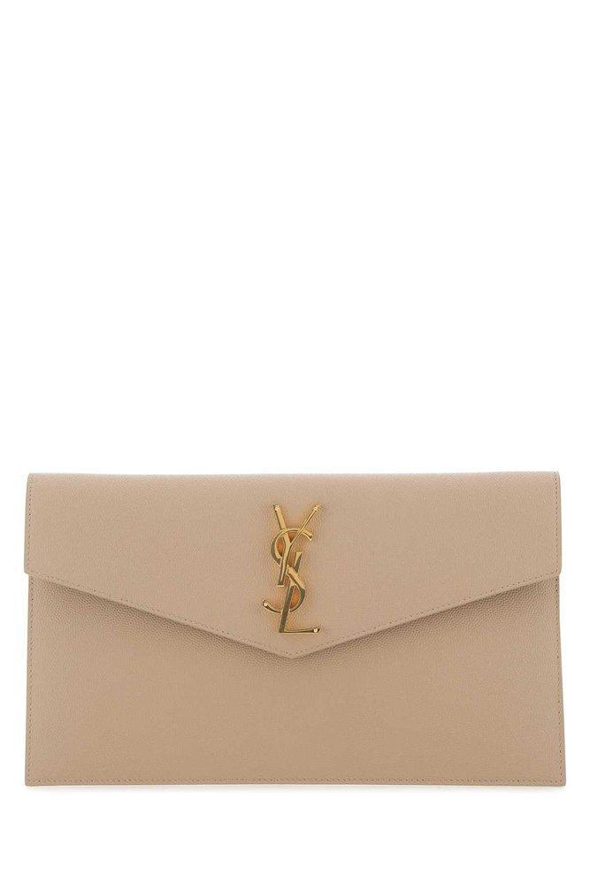 SAINT LAURENT Medium Ysl Logo Plaque Foldover Clutch Bag In Beige Product Image