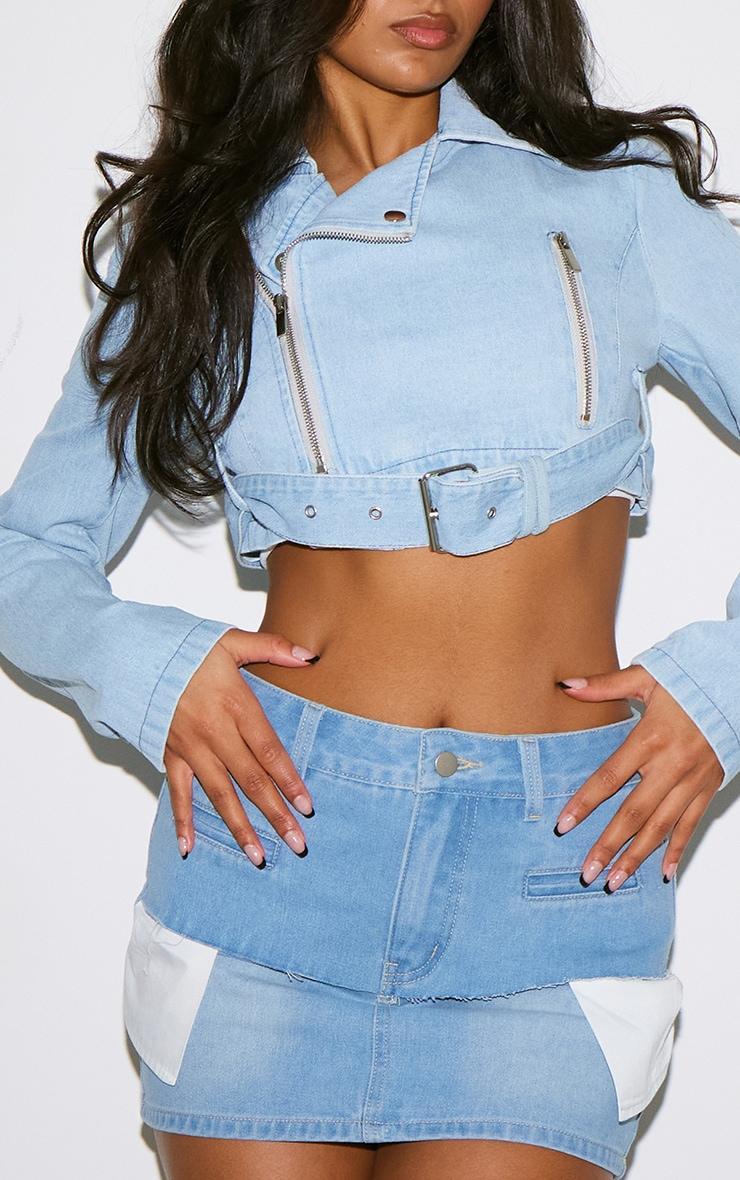 Light Blue Cropped Denim Biker Jacket Product Image