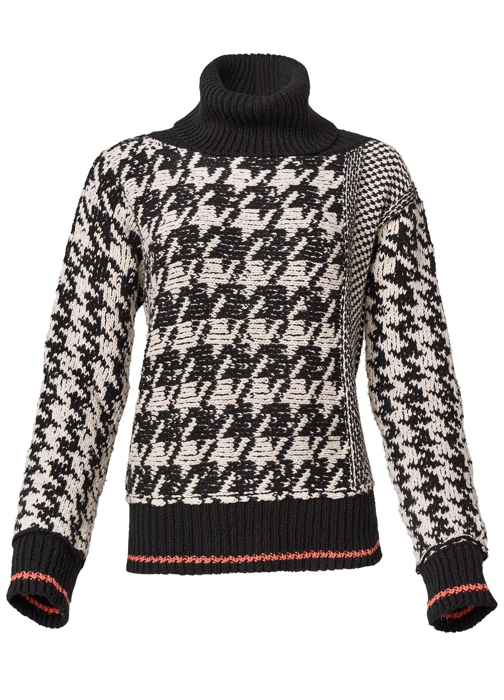 Chunky Knit Hounds Tooth Turtleneck Sweater - Black Multi product image