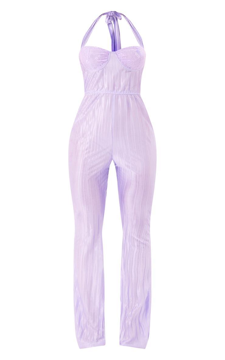 Lilac Plisse Lace Cup Underwired Halter Tie Jumpsuit Product Image