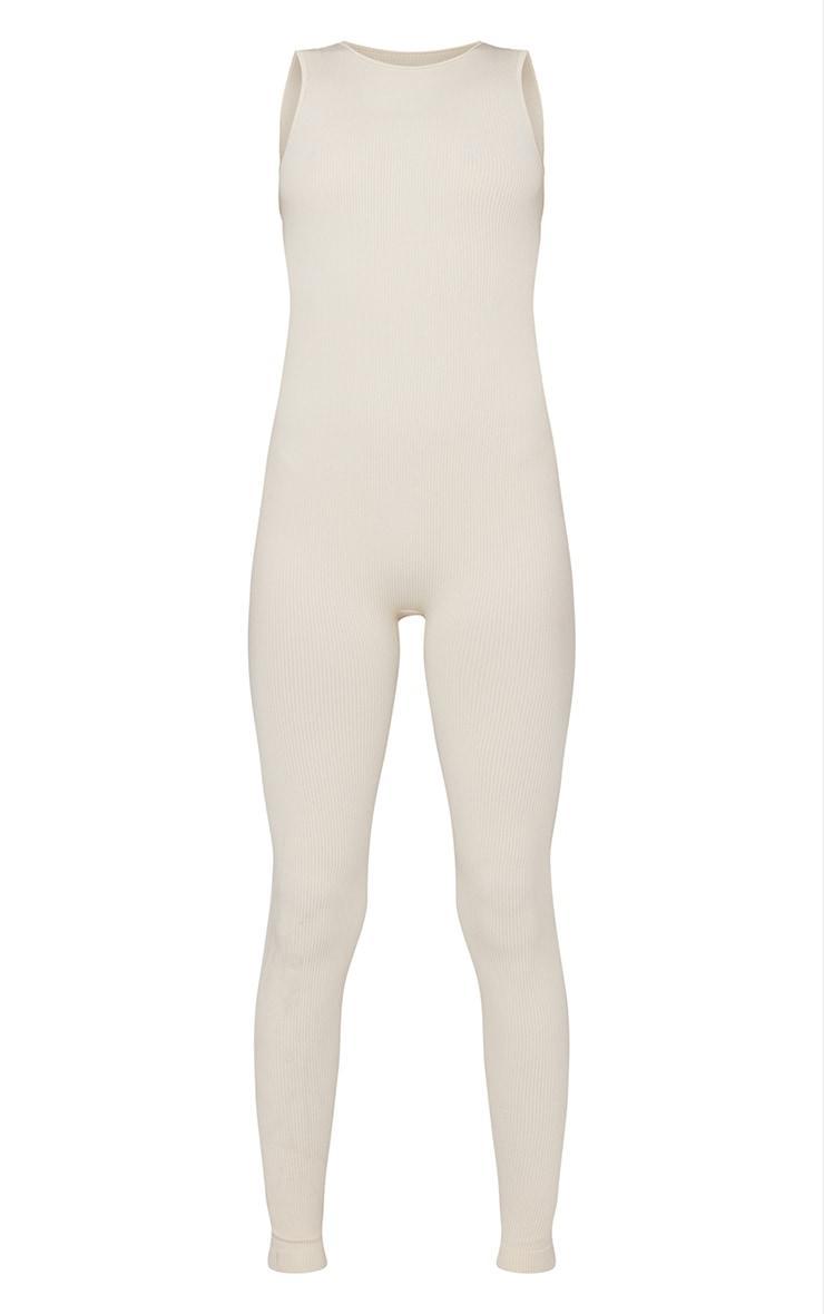 Ecru Snatched Rib Racer Neck Jumpsuit Product Image