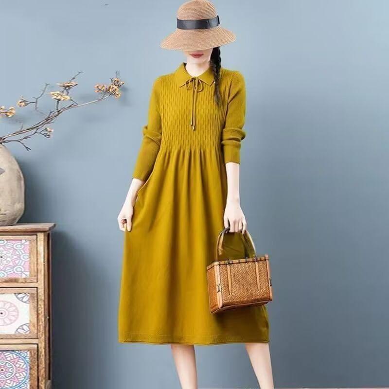 Long-Sleeve Collared Knit Midi A-Line Dress Product Image