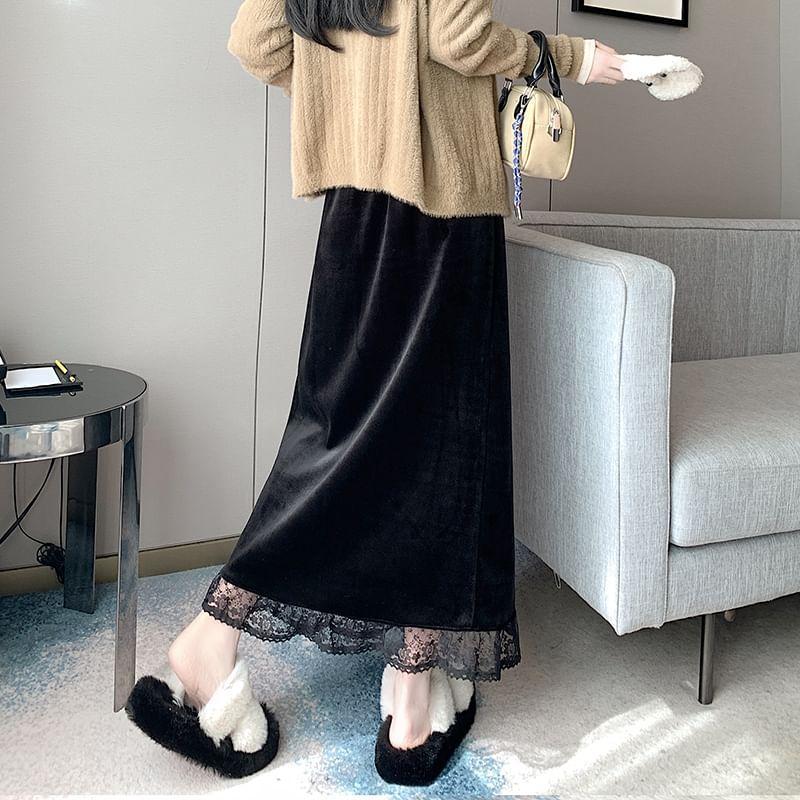 High Rise Lace Panel Velvet Maxi A-Line Skirt Product Image