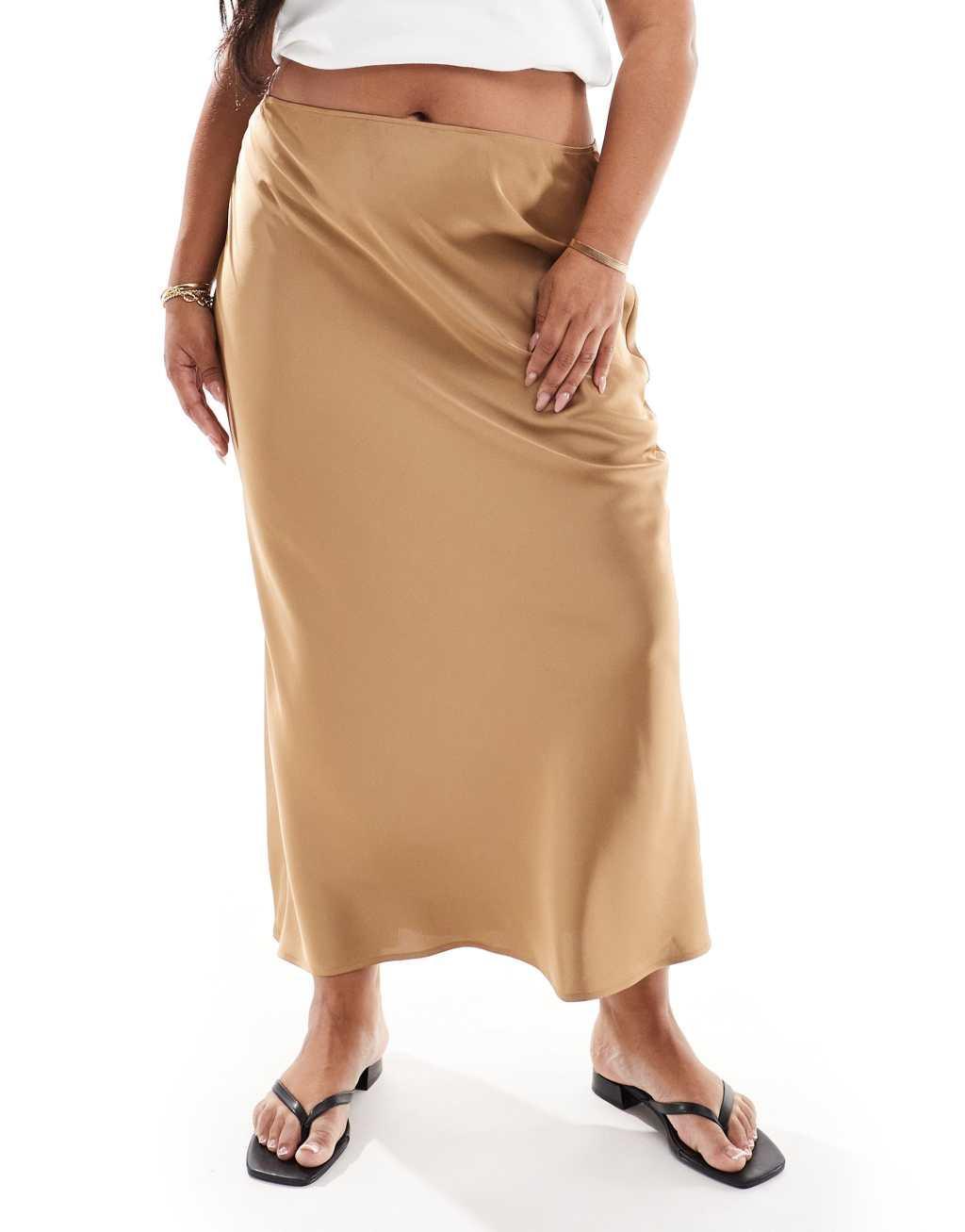 ASOS DESIGN Curve satin bias cut midi skirt in taupe Product Image