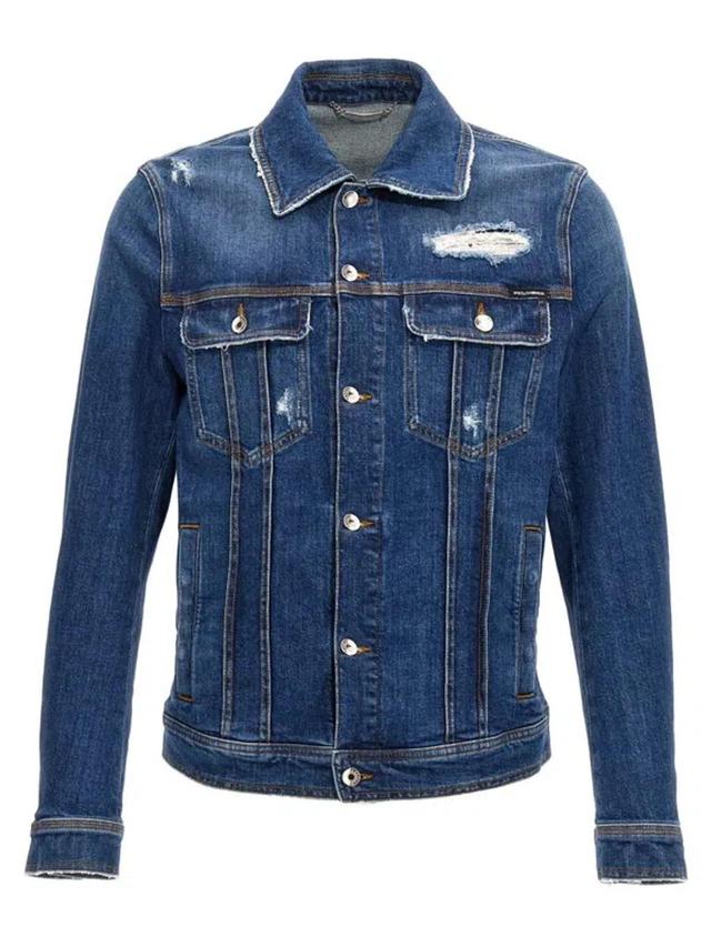 Distressed Stretch Cotton Denim Jacket In Blue Product Image