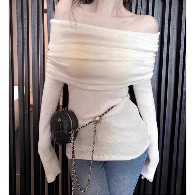 Long-Sleeve Off-Shoulder Plain Slim Fit Knit Top Product Image