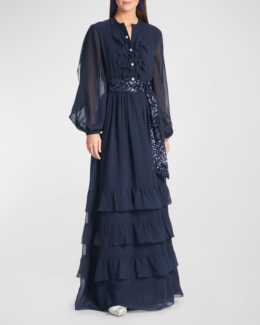 Venus Blouson-Sleeve Ruffle Chiffon Gown Product Image