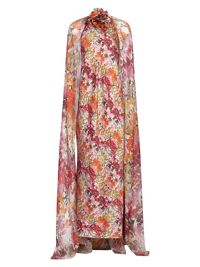 Womens Sabina Floral Stretch-Silk Cape-Sleeve Gown Product Image